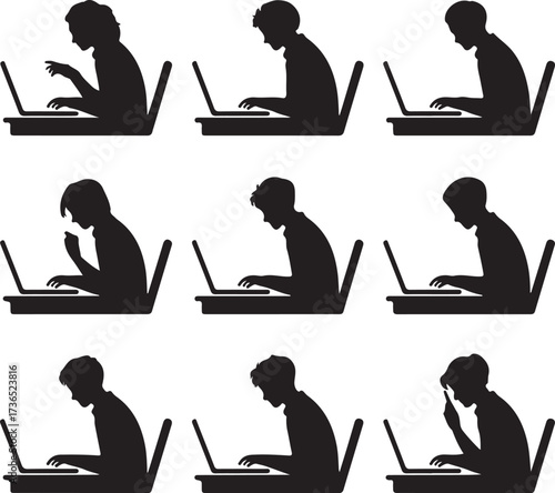 Silhouettes of people using laptops computer desk