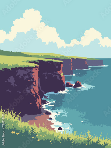 Prince Edward Island Coast, Canada – red sandstone cliffs with green pastures rolling to the sea, no people