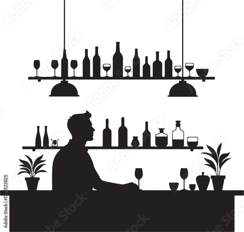 Silhouette man at bar with bottles and glasses counter