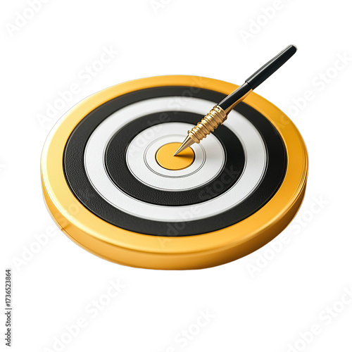 Dart hitting the center of a gold target. Can be used for business, success, achivement or focus concepts.