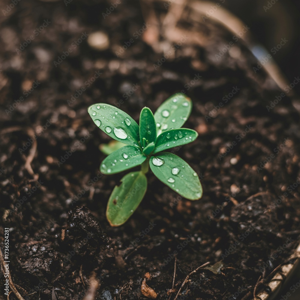 Naklejka premium Seedling growing in soil with water droplets close up nature photography plant