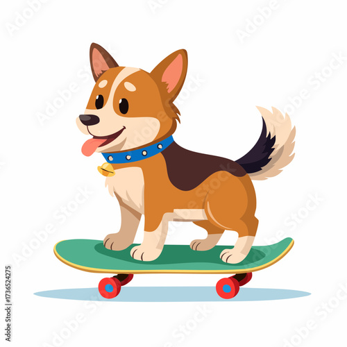 A playful cartoon corgi dog with a happy expression riding a green skateboard. Vector illustration of a funny pet animal