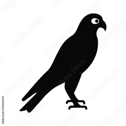 Silhouette of a majestic falcon standing alert with its distinctive eye visible against a white background