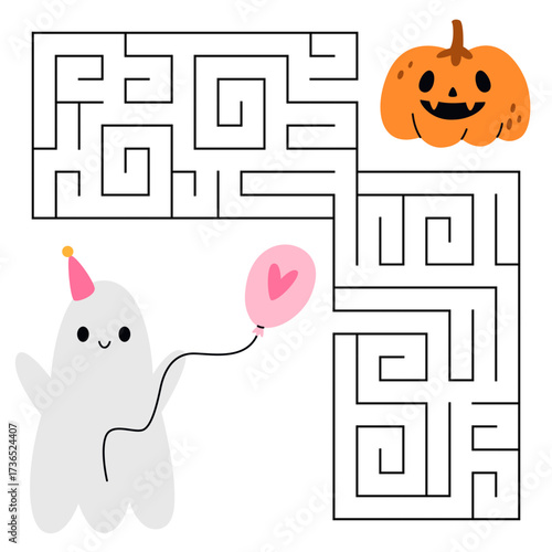 Halloween maze game for kids. Cute ghost with a balloon looking for a way to the pumpkin. Printable worksheet with solution for school and preschool. Vector cartoon illustration.