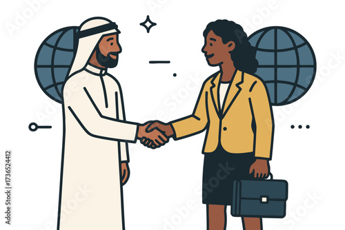 Diverse business professionals shaking hands with globes representing international partnership