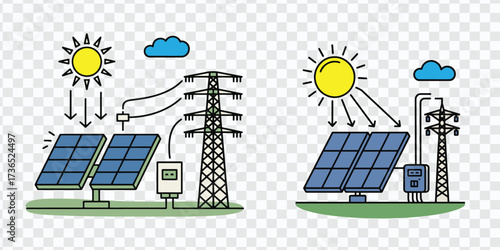 Solar Energy Illustration showing Power Generation and Grid Connection