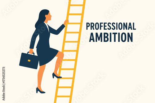 Businesswoman climbing ladder of success with professional ambition and determination