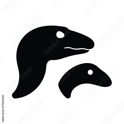 Silhouette of a large dinosaur head with a smaller dinosaur head beside it