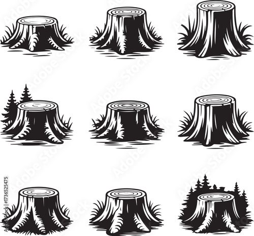 Tree stumps with grass and trees wood forest