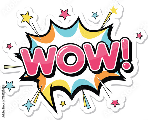 Comic Pop Art Style Sticker of Surprise and Admiration with Bold 'WOW' Text and Dynamic Radial Explosion Effect Vector