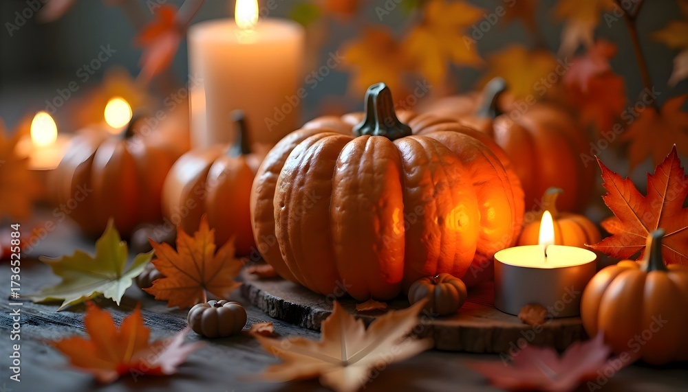 Fototapeta premium Many small pumpkins and candles arranged on a wooden table, creating a festive autumn decoration for holiday celebrations, cozy and seasonal