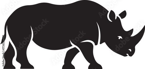 Stylized rhinoceros walking silhouette, Black and white rhino animal vector