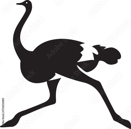 Running ostrich silhouette on white background, Black ostrich in motion animal design