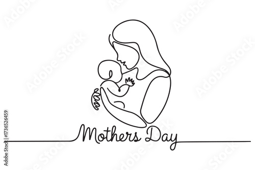 Mother and baby line art vector illustration, mothers day celebration. one line Icon drawing with white background