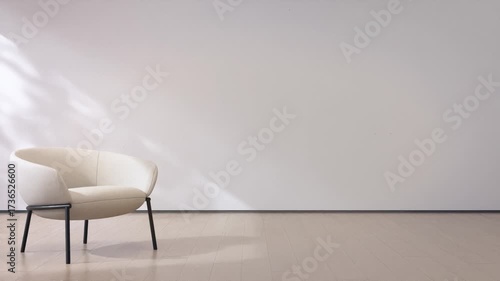 3d rendering of minimalist living room with modern armchair and neutral white beige backdrop. Soft blurred movement foliage leaf shadow on clean bright wall in cozy interior space for relaxation.