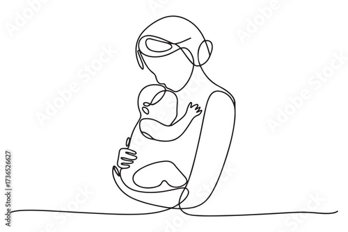 Mother and baby line art vector illustration, mothers day celebration. one line Icon drawing with white background