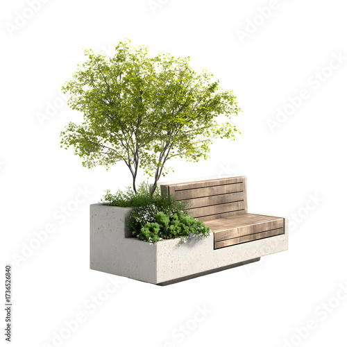 Modern park bench with integrated tree isolated on transparent background