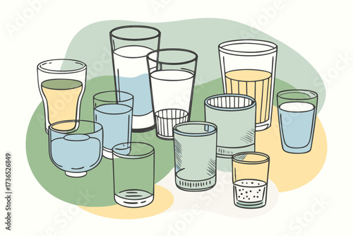 A collection of transparent water and juice glasses with pastel colored abstract shapes drink beverage