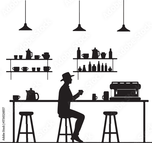 Silhouette man sitting at cafe counter with coffee machine and shelves