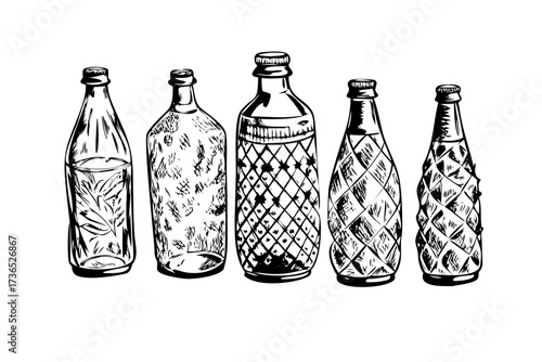 A group of vintage transparent glass water bottles on a white background clear