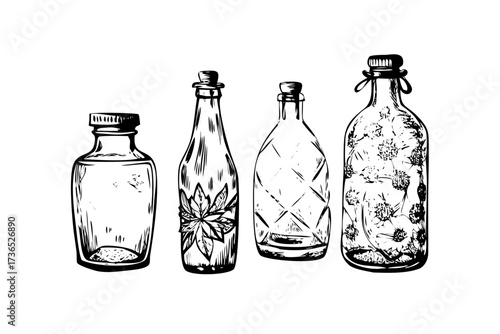 A group of vintage transparent glass water bottles with a white background vector