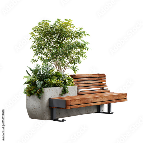 Modern park bench with integrated planter isolated on transparent background