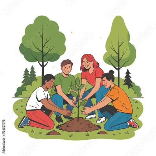 Vector art of a group of diverse young people planting a tree together in a park, symbolizing environmental conservation and sustainability