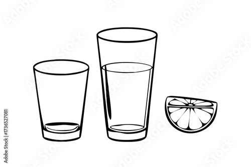 Collection of Transparent Water Glasses Some Empty Some Full on White Background drinking glass