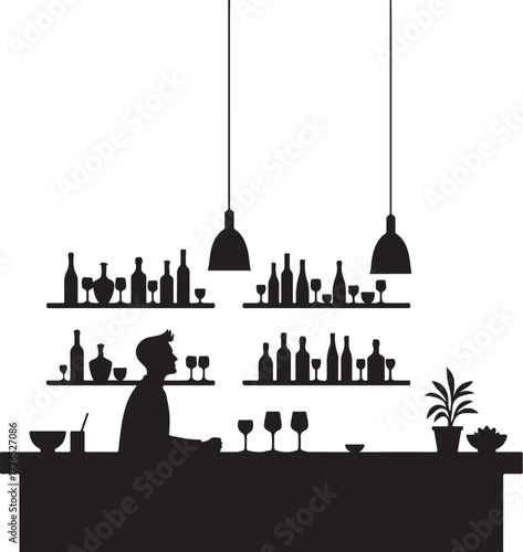 Silhouette of a bartender at a bar with bottles and glasses