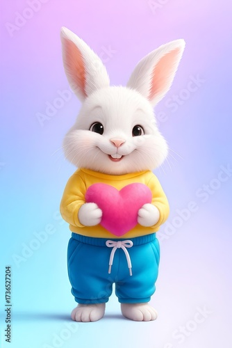 A cute, fluffy white bunny stands upright, holding a bright pink heart with both paws and smiling sweetly. The bunny is wearing a yellow sweater and blue sweatpants with a white drawstring.