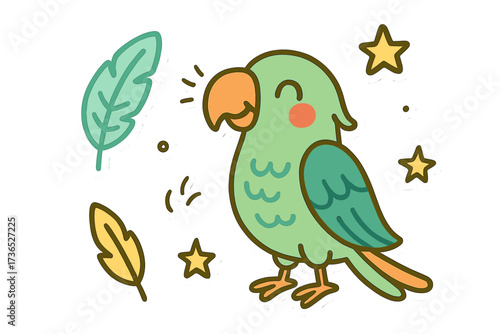 Parrot Doodle Stickers. Lovely doodle stickers: smiling parrot, tiny feathers and stars waving, simplified doodle shapes, white