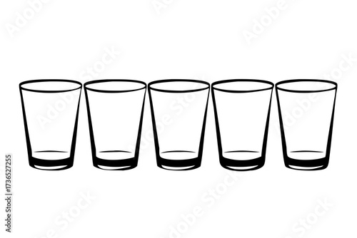 Silhouette of three transparent water glasses filled halfway lined up on a white background vector