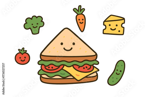 Doodle Sandwich Stickers. Funny doodle stickers: smiling sandwich, tiny vegetables and cheese floating, simplified doodle style,