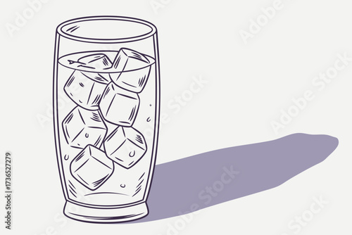 Tall glass filled with ice cubes and liquid with purple shadow drink beverage
