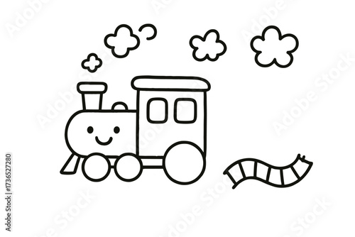 Cute Train Stickers. Cute doodle stickers: smiling train, tiny smoke clouds and tracks waving, simplified doodle forms, white