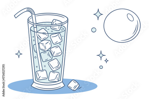 Tall glass of clear liquid with ice cubes and straw on blue surface with sparkling stars water