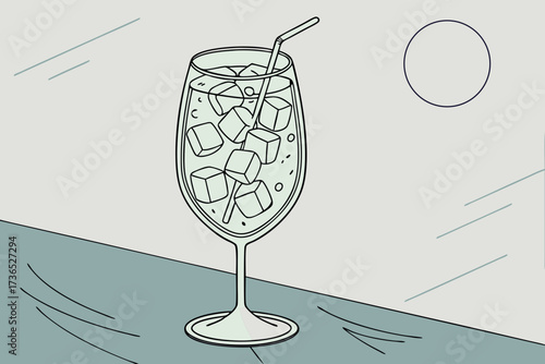 Tall glass filled with ice cubes and straw on a table with abstract background drink