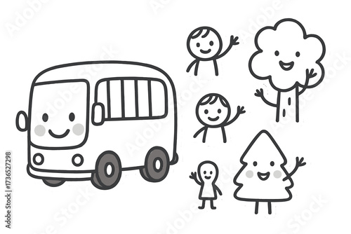Charming Doodle Stickers. Charming doodle stickers: smiling bus, tiny passengers and trees waving, simplified doodle forms, white