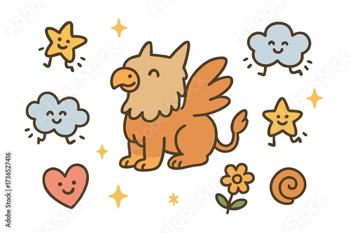 Playful Doodle Stickers. Lovely doodle stickers: smiling griffin, tiny clouds and stars jumping, simplified doodle shapes, white