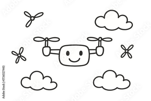 Smiling Drone Stickers. Charming doodle stickers: smiling drone, tiny propellers and clouds floating, simplified doodle forms,