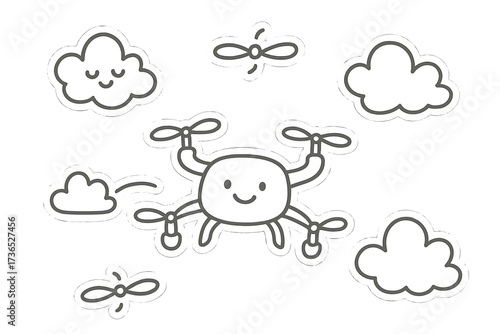 Smiling Drone Stickers. Charming doodle stickers: smiling drone, tiny propellers and clouds floating, simplified doodle forms,