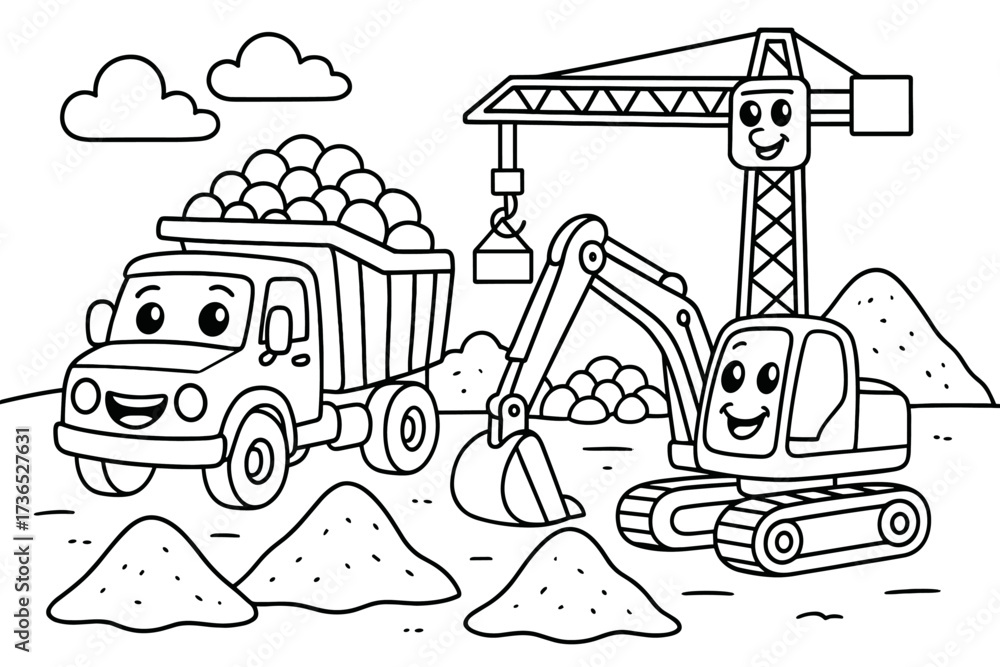 Fototapeta premium Smiling Construction Machines. Construction site coloring page: dump truck, excavator, and crane with smiling faces, piles of sand