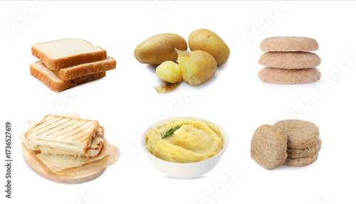 Collection of foods with bland taste isolated on white, set