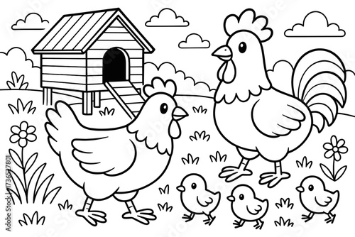 Chicken Coop Coloring Page. Chicken coop coloring page: chickens and chicks walking, coop in background, grass and flowers, black