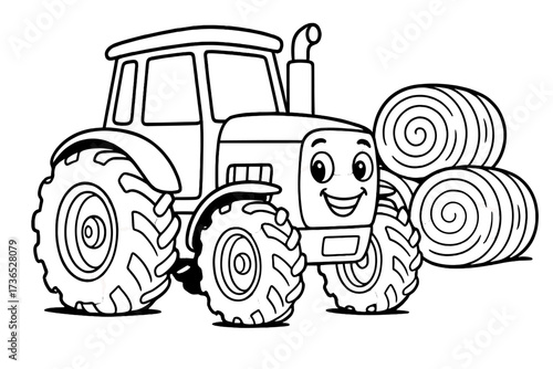 Tractor and Hay Bales. Transport coloring page: tractor with big wheels, hay bales nearby, smiling grill, black and white vector