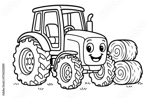 Tractor and Hay Bales. Transport coloring page: tractor with big wheels, hay bales nearby, smiling grill, black and white vector
