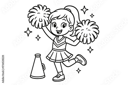 Cheerleader Vector Art. Sports coloring page: cheerleader with pom-poms, megaphone nearby, stars shining, black and white vector