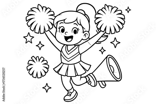 Cheerleader Vector Art. Sports coloring page: cheerleader with pom-poms, megaphone nearby, stars shining, black and white vector