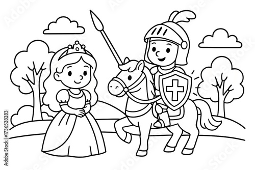 Knight Adventure Coloring Page. Princess & Knights coloring page: knight riding horse with lance, shield shining, trees and hills