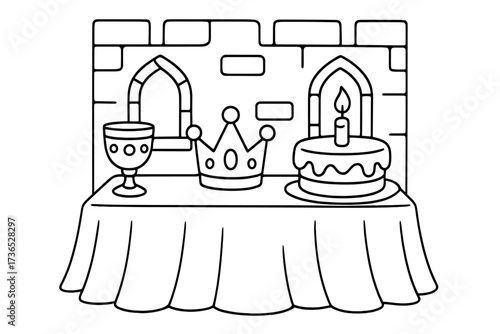 Royal Banquet Coloring. Princess & Knights coloring page: royal banquet table with crown, goblet and cake, castle wall behind,